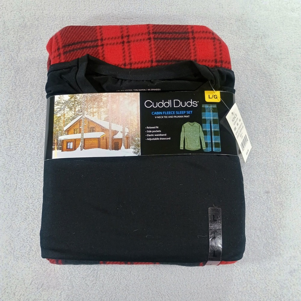 Cuddl Duds Mens Cabin Fleece Sleep Set Black Red Plaid Large 2-Piece Set